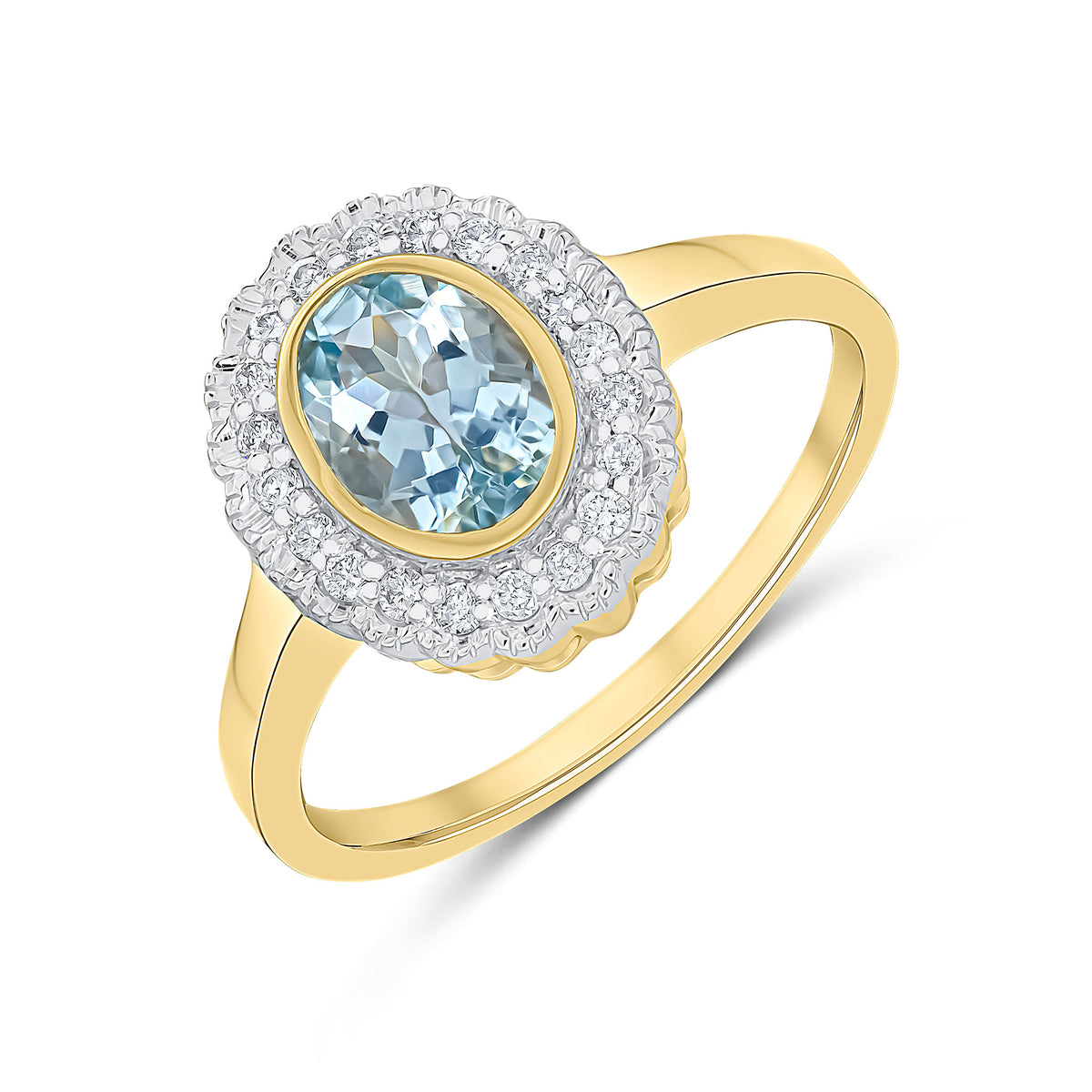 9CT YG RUBOVER OVAL AQUA AND MILLEGRAIN ROUND DIAMOND CLUSTER RING. RHODIUM TO DIAMONDS