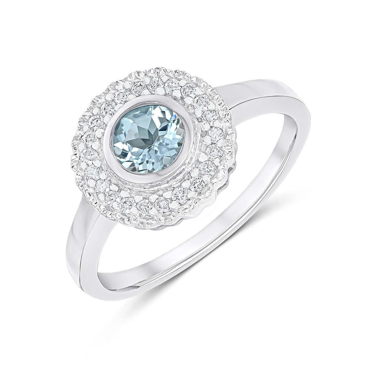 9CT WHITE GOLD ROUND RUBOVER AQUA AND MILLEGRAIN ROUND DIAMOND CLUSTER RING