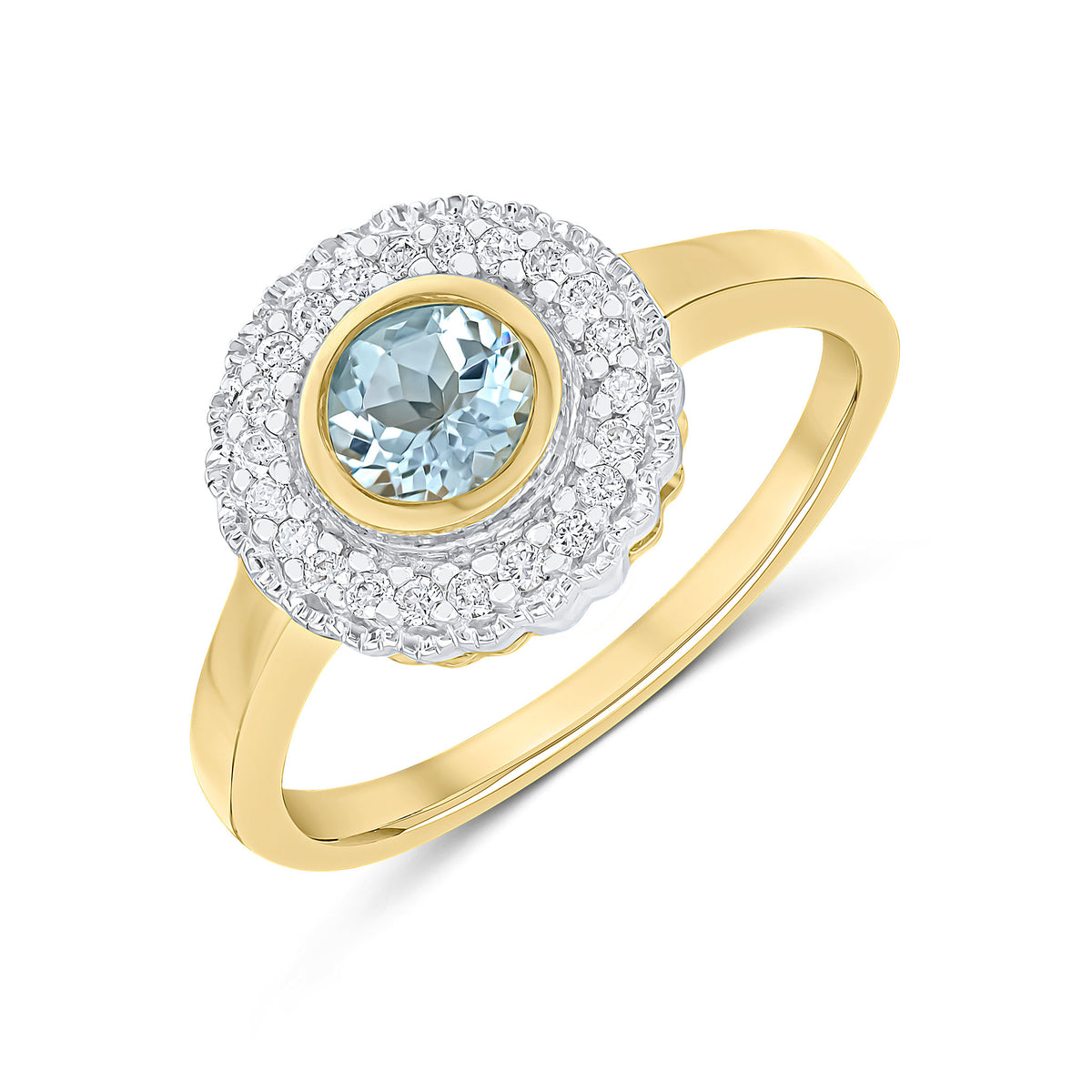 9CT YELLOW GOLD ROUND RUBOVER AQUA AND MILLEGRAIN ROUND DIAMOND CLUSTER RING. RHODIUM TO DIAMONDS