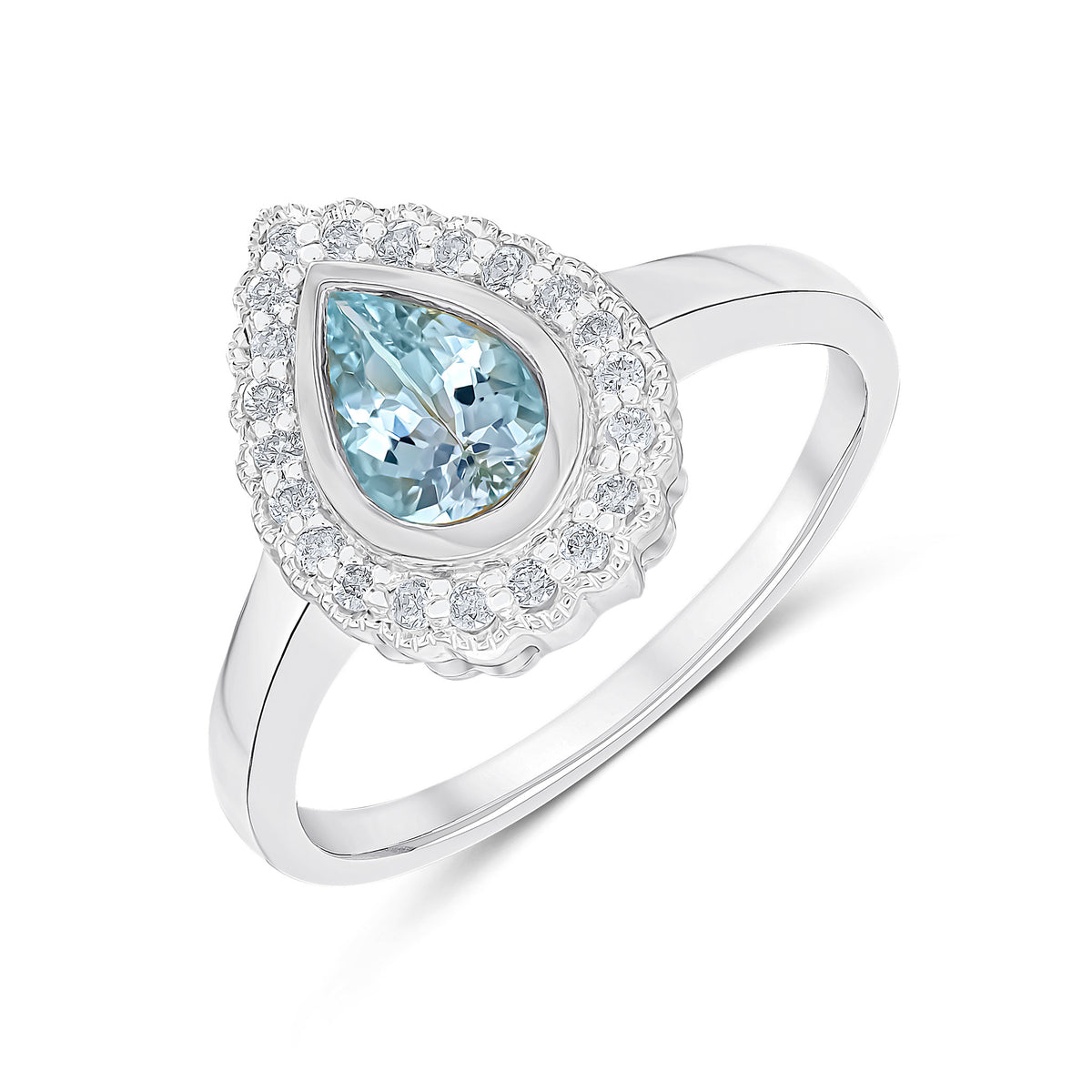 9CT WHITE GOLD PEARSHAPE RUBOVER AQUA AND MILLEGRAIN ROUND DIAMOND CLUSTER RING