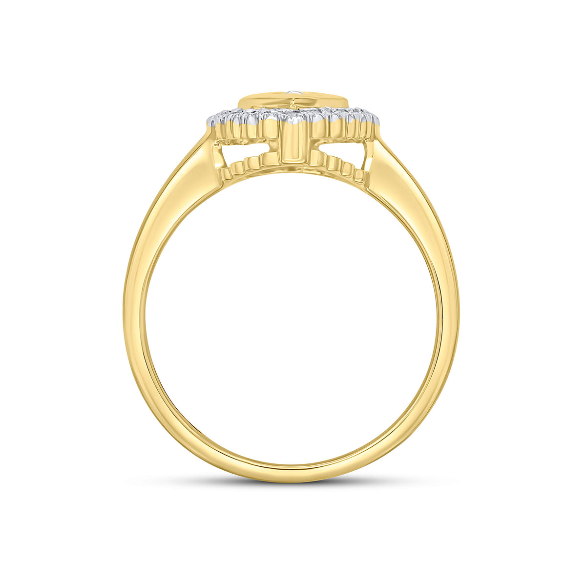 9CT YELLOW GOLD PEARSHAPE RUBOVER AQUA AND MILLEGRAIN ROUND DIAMOND CLUSTER RING. RHODIUM TO DIAMONDS