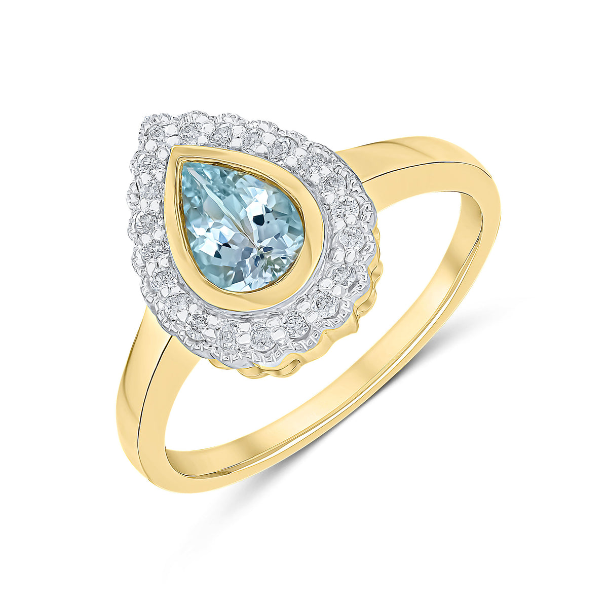 9CT YELLOW GOLD PEARSHAPE RUBOVER AQUA AND MILLEGRAIN ROUND DIAMOND CLUSTER RING. RHODIUM TO DIAMONDS