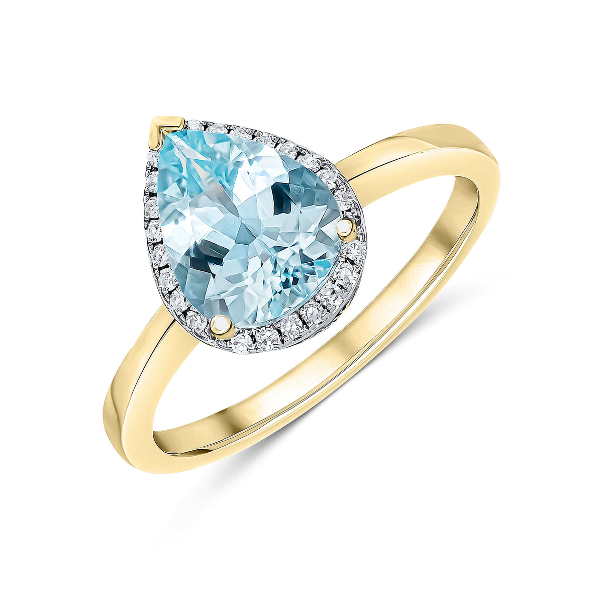 9CT YG 9X7 PEARSHAPE AQUAMARINE & DIAMOND CLAW SET CLUSTER RING. RHODIUM TO DIAMONDS