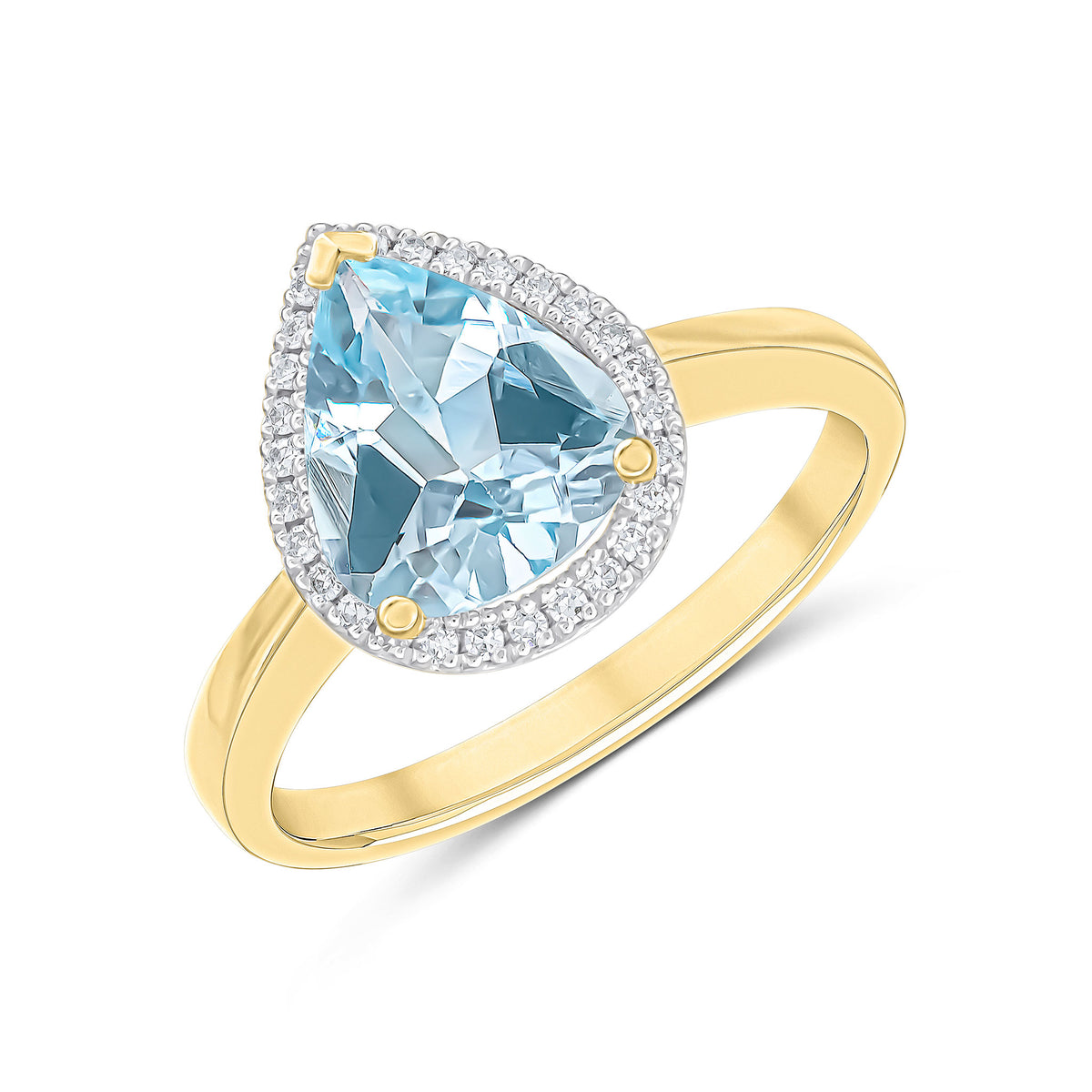 9CT YELLOW GOLD 10X8 PEARSHAPE AQUAMARINE & DIAMOND CLUSTER RING RHODIUM TO DIAMONDS