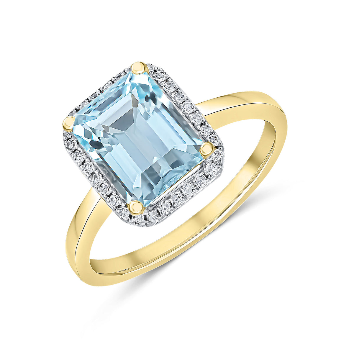 9CT YG 9X7 OCTAGON AQUAMARINE & DIAMOND CLAW SET CLUSTER RING RHODIUM TO DIAMONDS