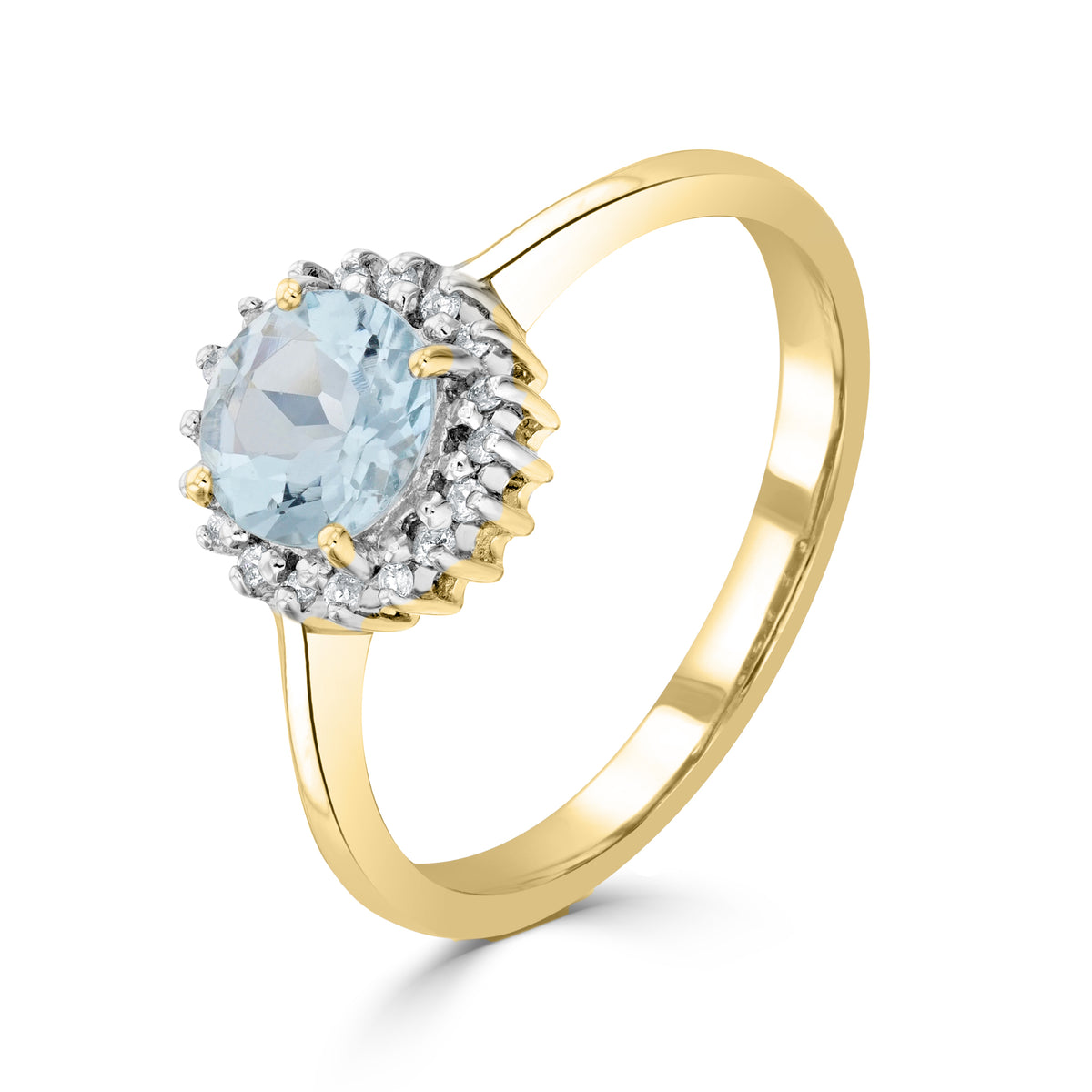 9CT YG 6MM ROUND AQUA & DIAMOND CLAW SET CLUSTER RING. RHODIUM TO DIAMONDS