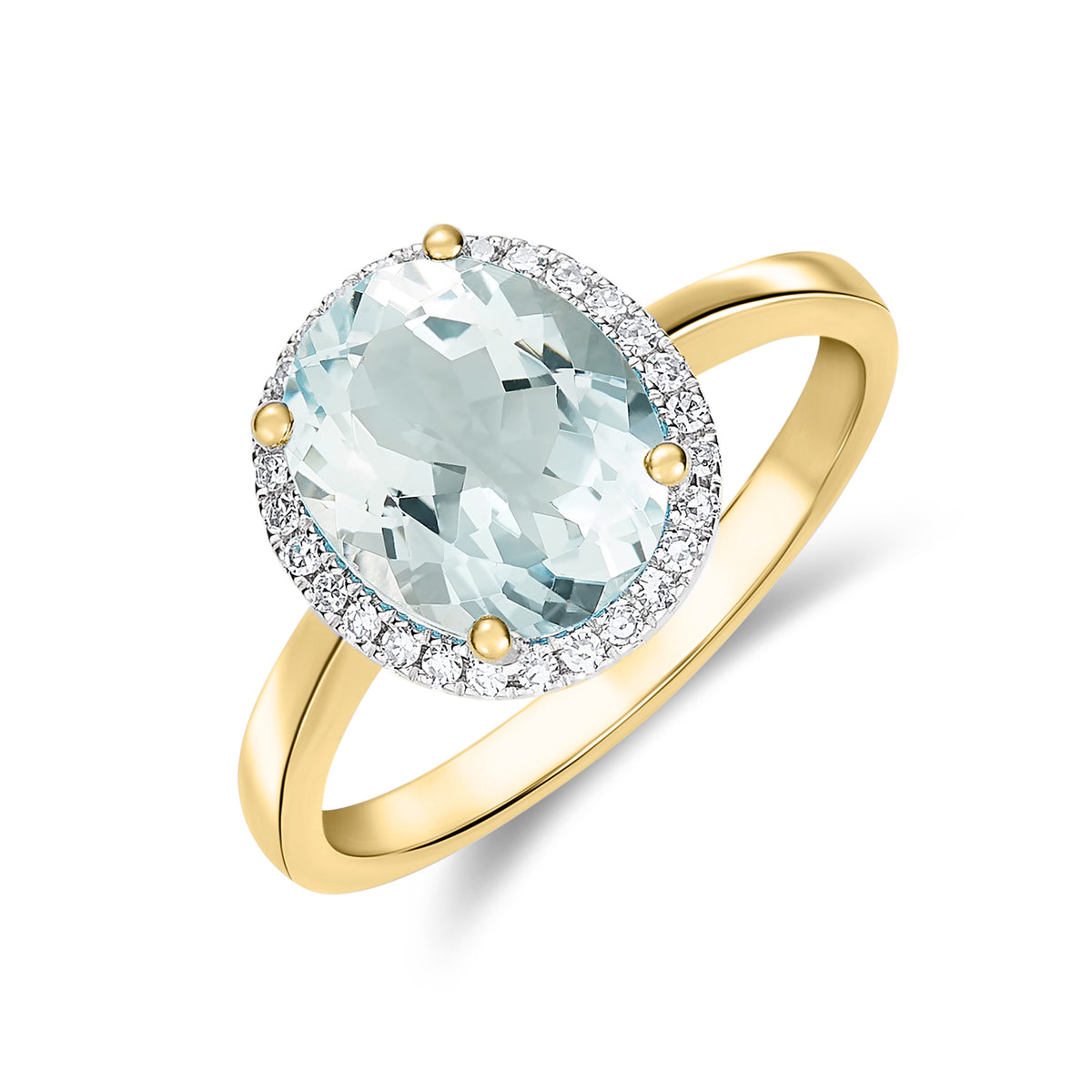 9CT YG 10X8 OVAL AQUA AND DIAMOND CLAW SET CLUSTER RING. RHODIUM TO DIAMONDS