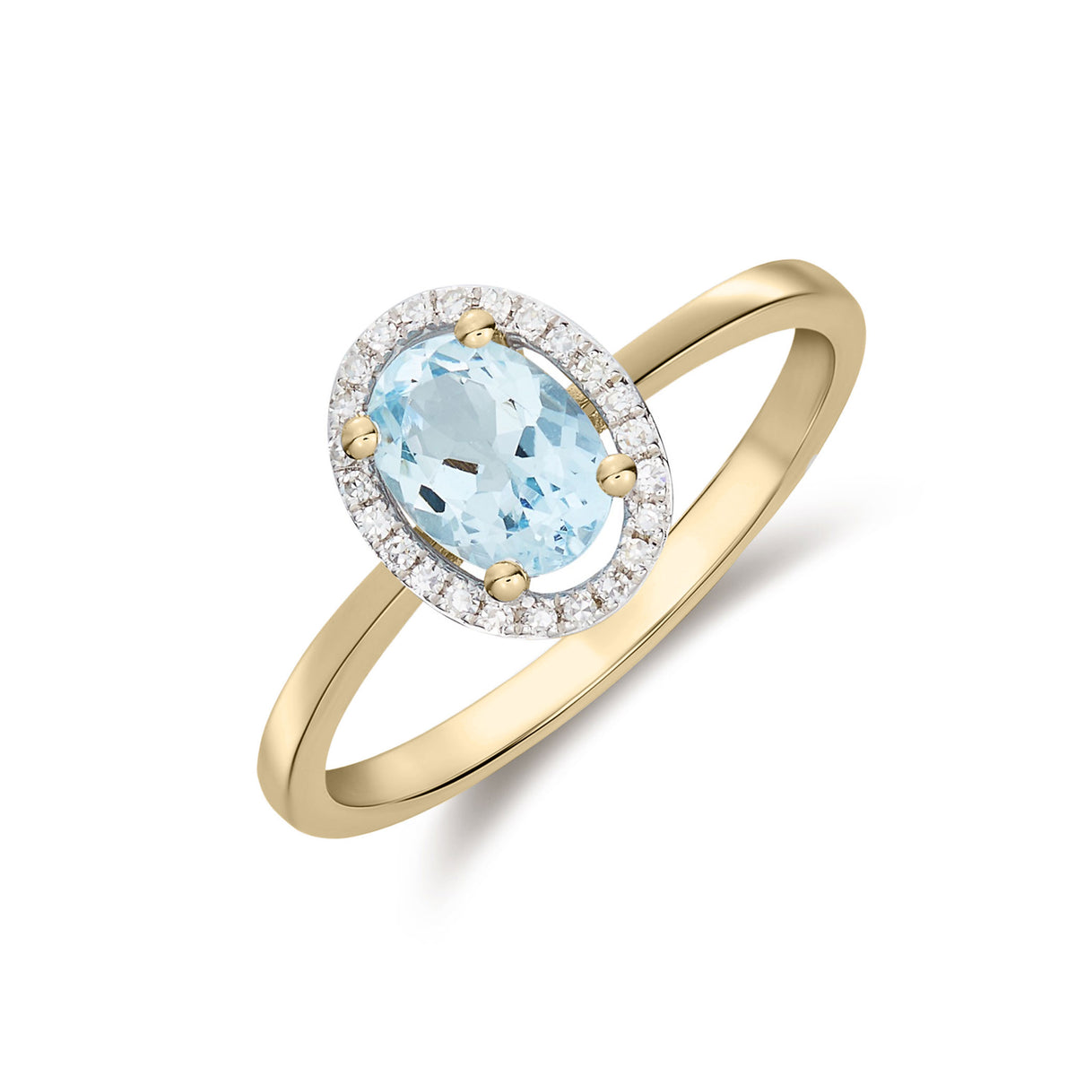 9CT YG 7X5 OVAL AQUA & ROUND DIAMOND HALO CLUSTER RING. RHODIUM TO DIAMONDS