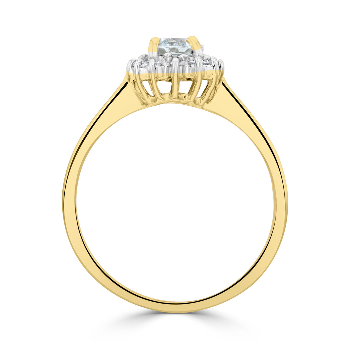 9CT YG 7X5 OVAL AQUA & DIAMOND CLAW SET CLUSTER RING. RHODIUM TO DIAMONDS