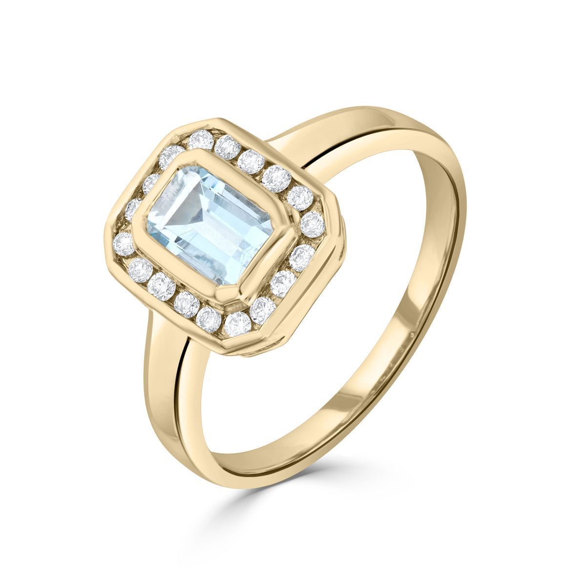 9CT YG RUBOVER 6X4 OCTAGON AQUA & CHANNEL SET DIAMOND CLUSTER RING