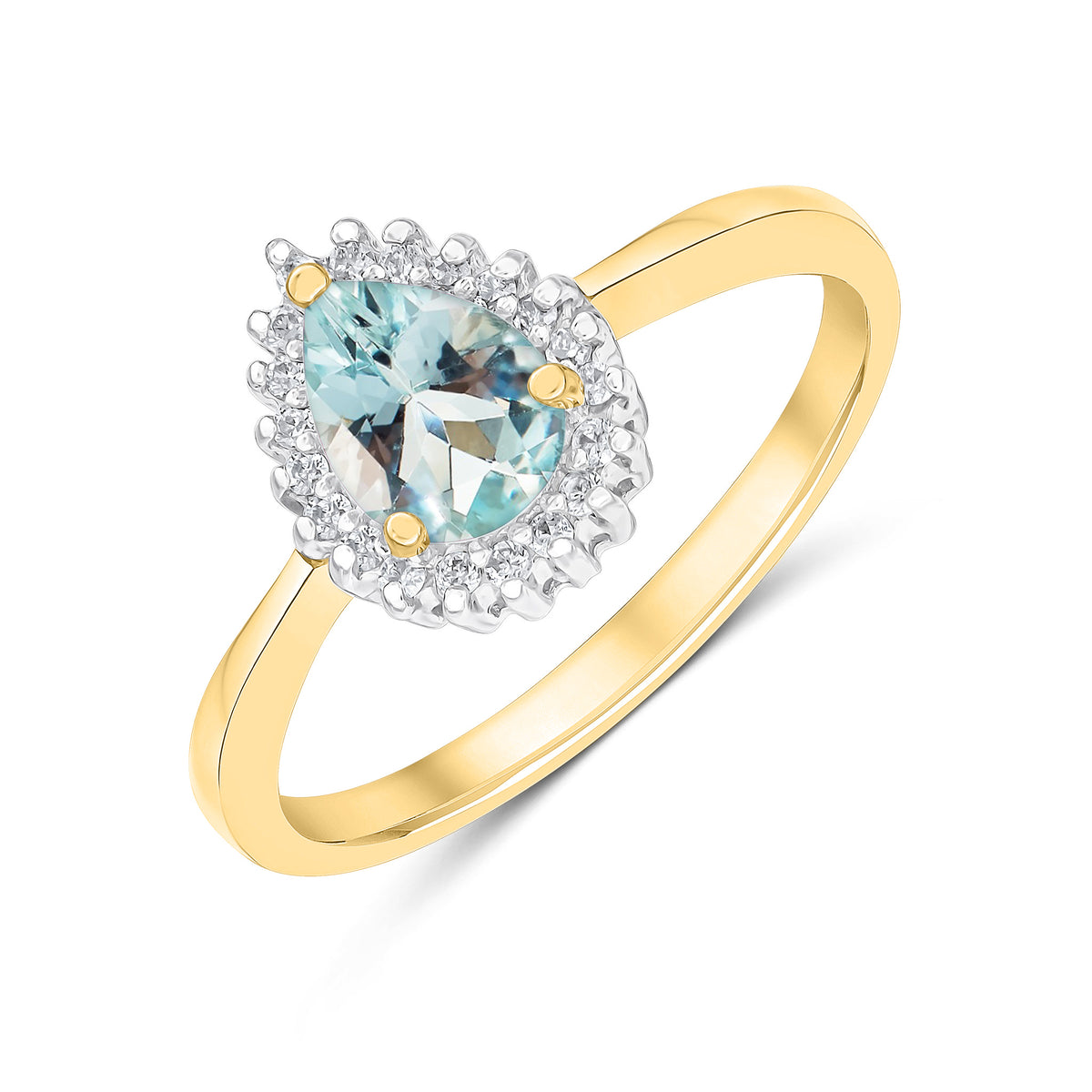 9CT YG 7X5MM PEARSHAPE AQUA & DIAMOND CLAW SET CLUSTER RING. RHODIUM TO DIAMONDS