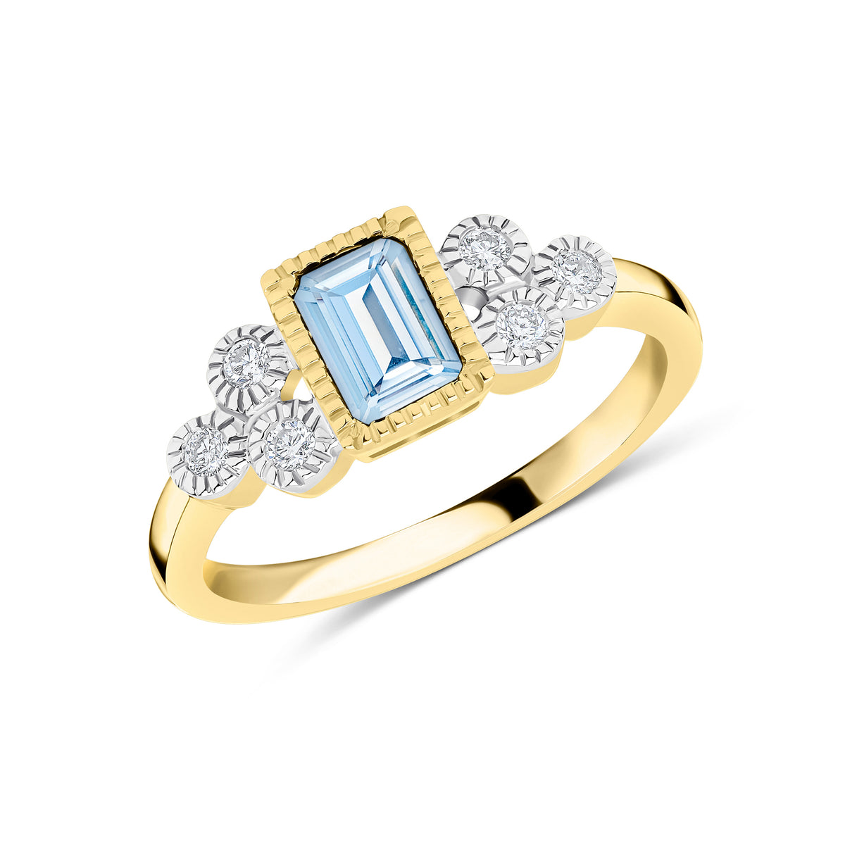 9CT YG 6X4 OCTAGON AQUA AND DIAMOND TREFOIL SHOULDERS MILLEGRAIN SET RING. RHODIUM TO DIAMONDS