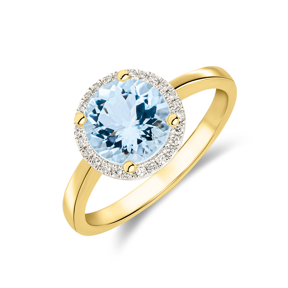 9CT YG 8MM ROUND AQUA & DIAMOND MICRO SET CLUSTER RING