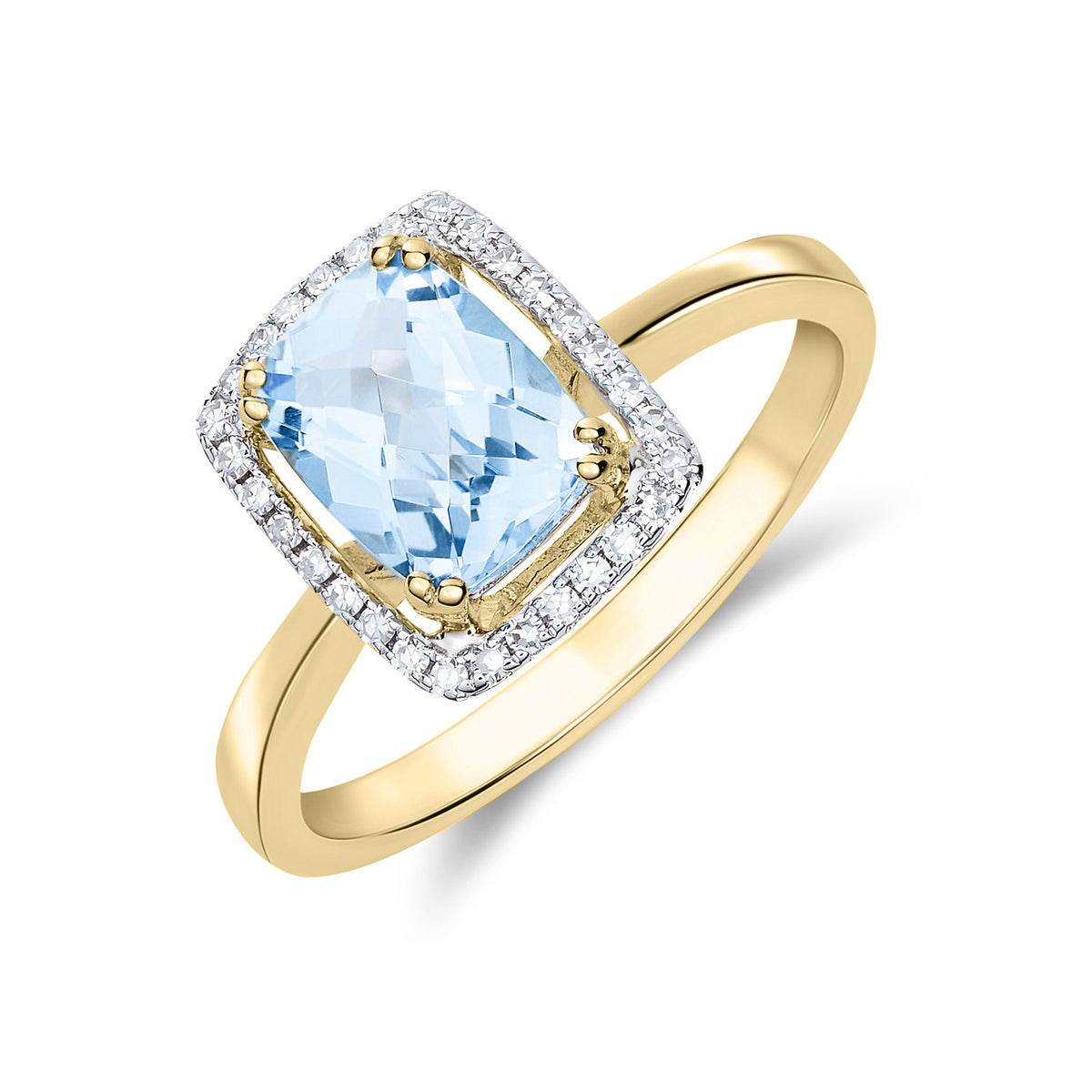 9CT YG 8X6 CUSHION CHECKERBOARD CUT AQUA & DIAMOND HALO CLUSTER RING