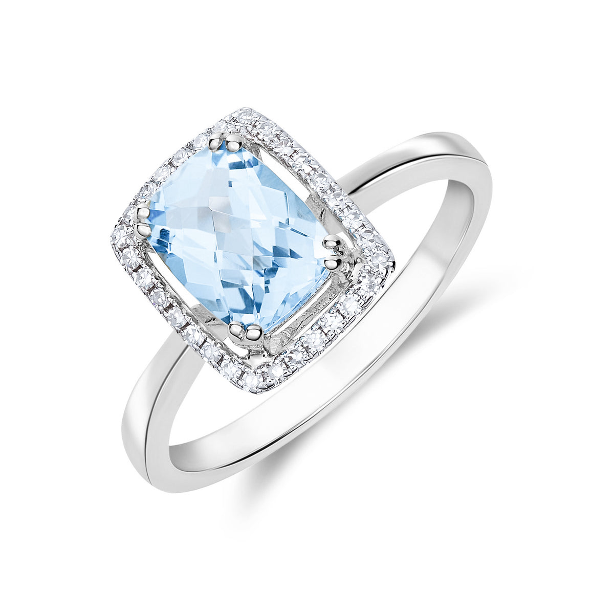 9CT WG 8X6 CUSHION CHECKERBOARD CUT AQUA & DIAMOND HALO CLUSTER RING