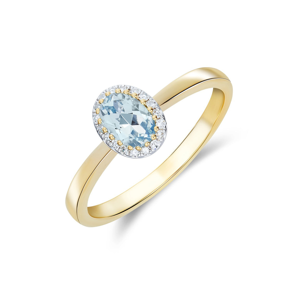9CT YELLOW GOLD OVAL AQUA AND DIAMOND CLAW CLUSTER RING