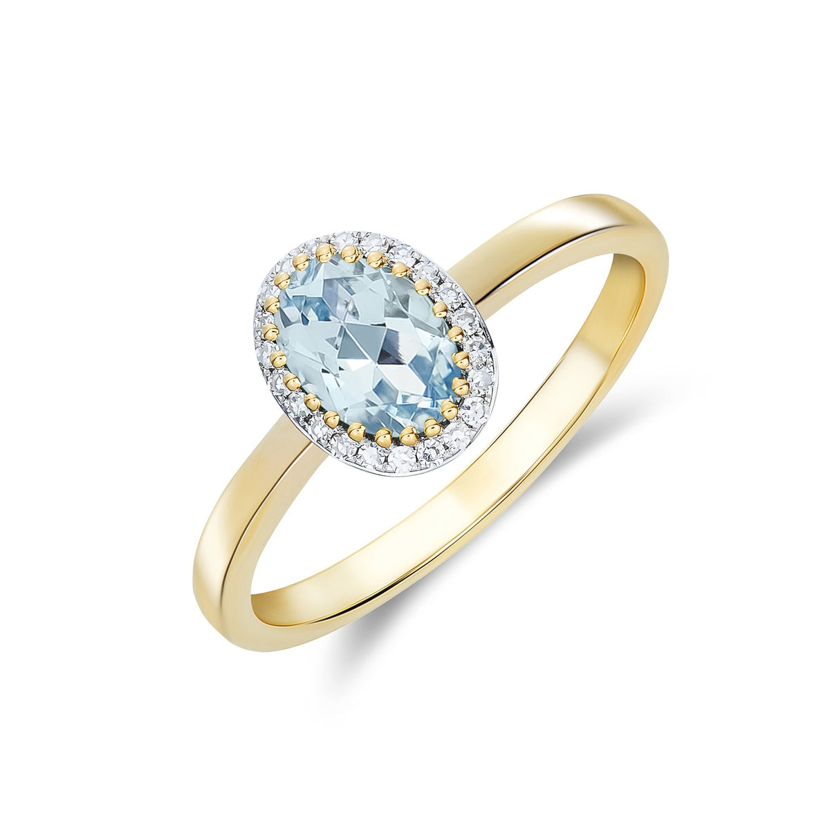 9CT YELLOW GOLD OVAL AQUA AND ROUND DIAMOND CLAW SET CLUSTER RING