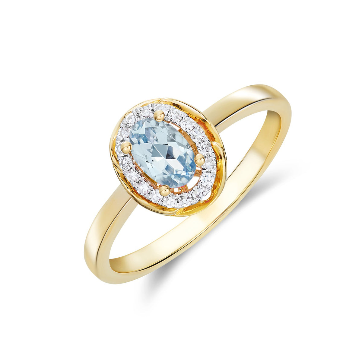 9CT YG 6X4 OVAL AQUA & DIAMOND CLUSTER RING WITH ROPE EDGE