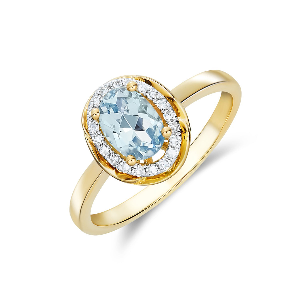 9CT YG 7X5 OVAL AQUA & DIAMOND CLUSTER RING WITH ROPE EDGE