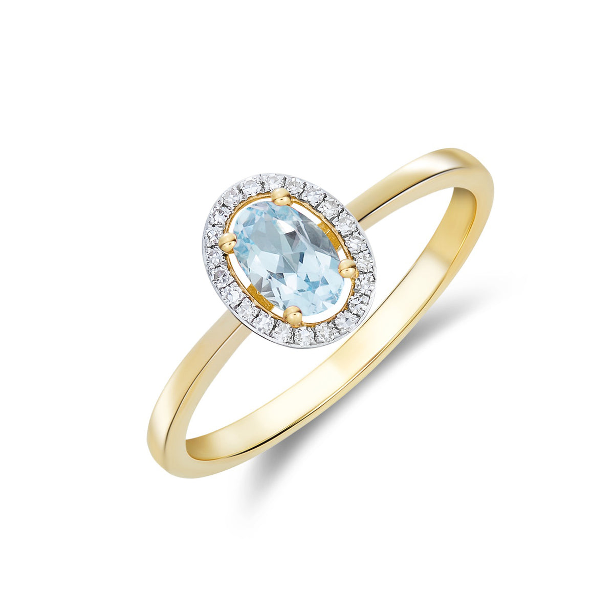 9CT YG 6X4 OVAL AQUA AND ROUND DIAMOND HALO CLUSTER RING. RHODIUM TO DIAMONDS