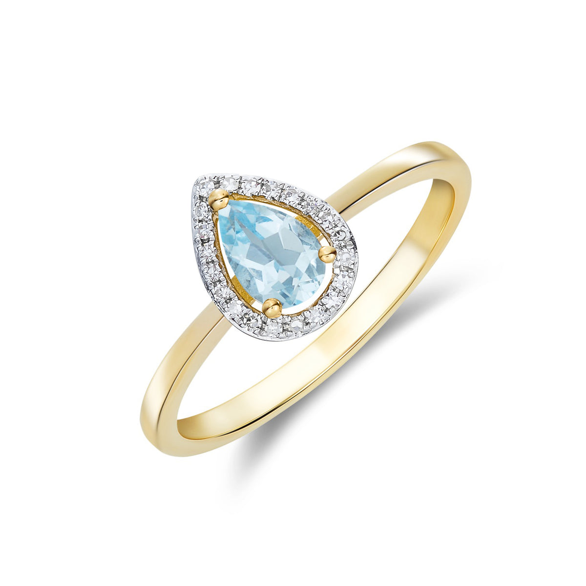 9CT YG 6X4 PEARSHAPE AQUA & DIAMOND HALO CLAW CLUSTER RING