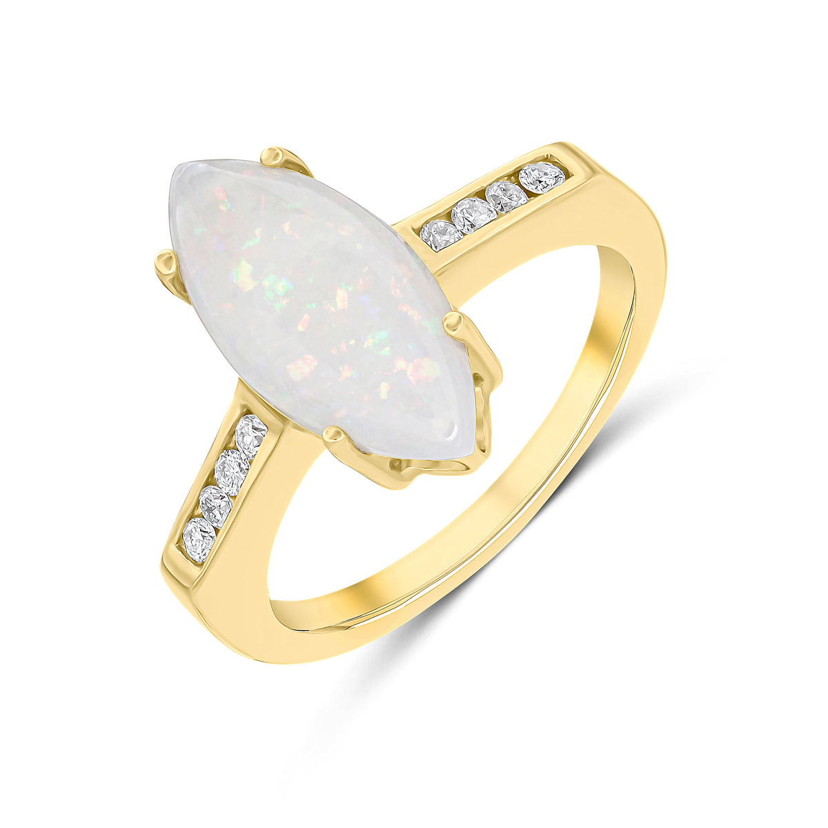 9CT YG 15X7 MARQUISE OPAL SINGLE STONE RING WITH CHANNEL SET DIAMOND SHOULDERS