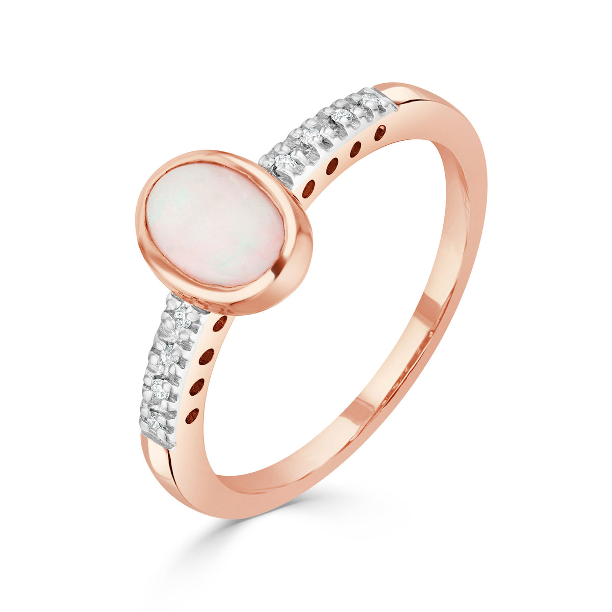 9CT RG RUBOVER 7X5 OVAL OPAL SINGLE STONE RING WITH CLAW SET DIAMOND SHOULDERS. RHODIUM TO DIAMONDS