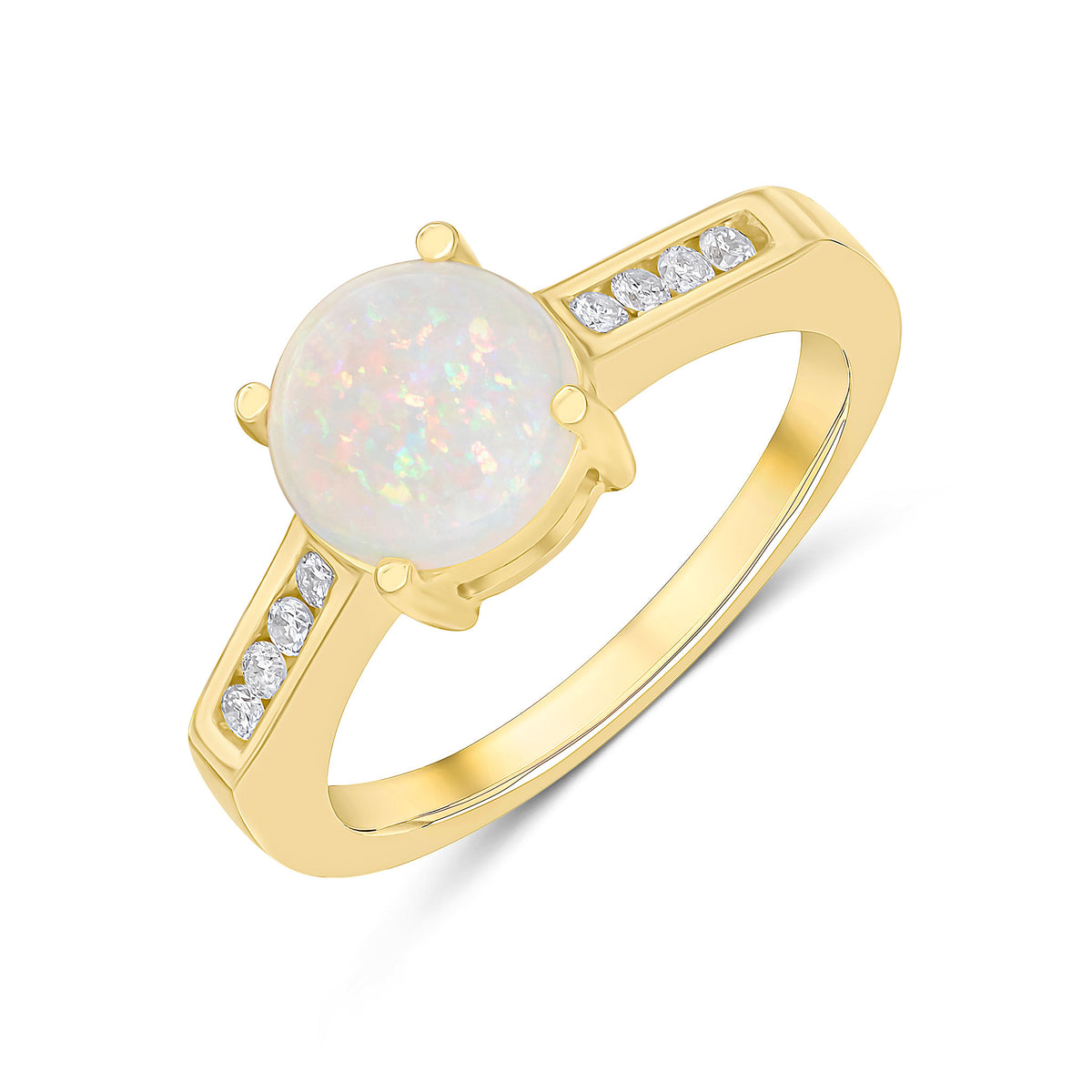 9CT YG CLAW SET 8MM ROUND OPAL SINGLE STONE RING WITH CHANNEL SET DIAMOND SHOULDERS