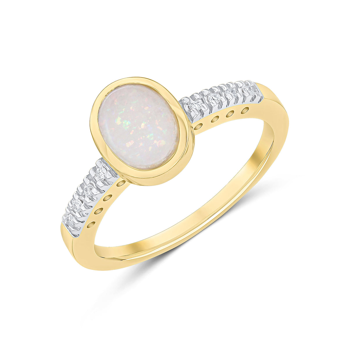 9CT YG RUBOVER 9X7 OVAL OPAL SINGLE STONE RING WITH CLAW SET DIAMOND SHOULDERS