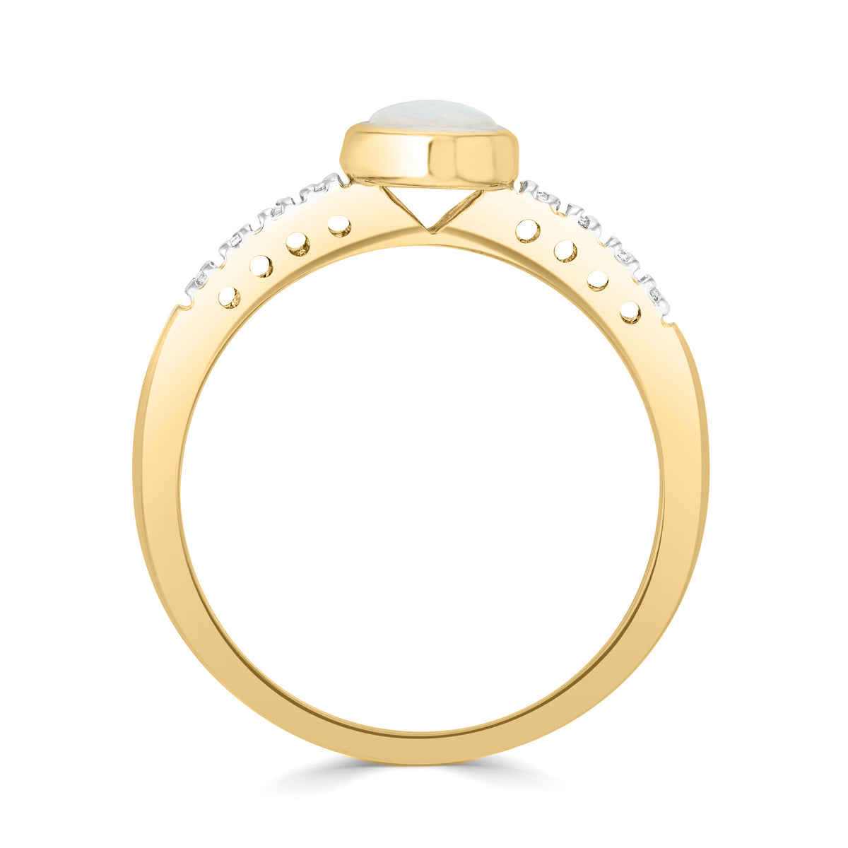 9CT YG RUBOVER 7X5 OVAL OPAL SINGLE STONE RING WITH CLAW SET DIAMOND SHOULDERS. RHODIUM TO DIAMONDS