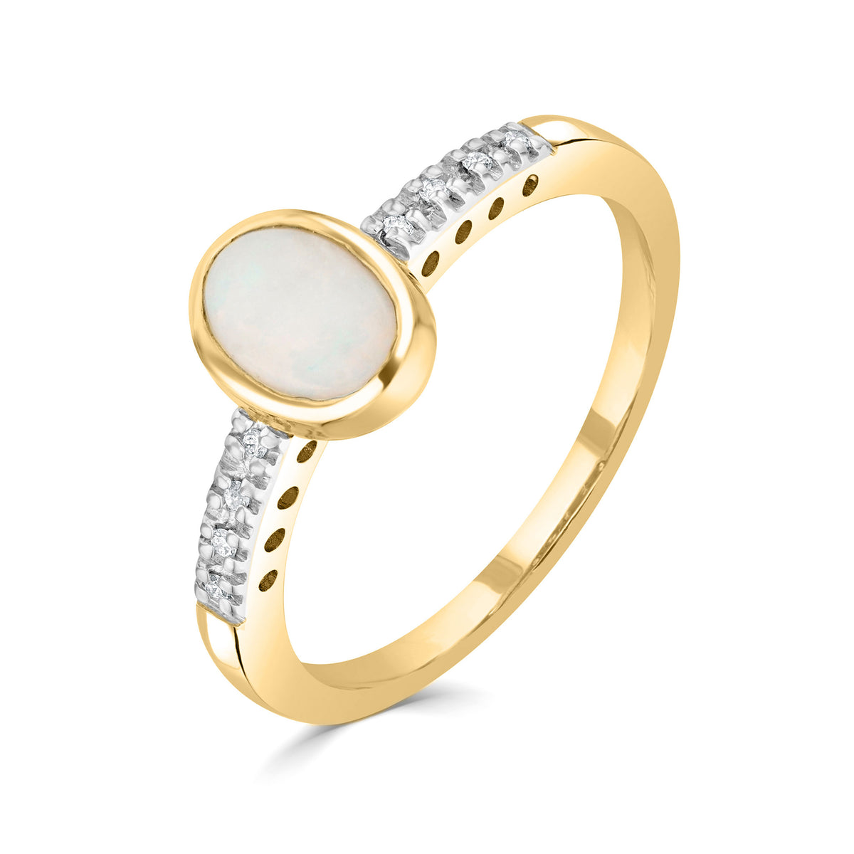 9CT YG RUBOVER 7X5 OVAL OPAL SINGLE STONE RING WITH CLAW SET DIAMOND SHOULDERS. RHODIUM TO DIAMONDS