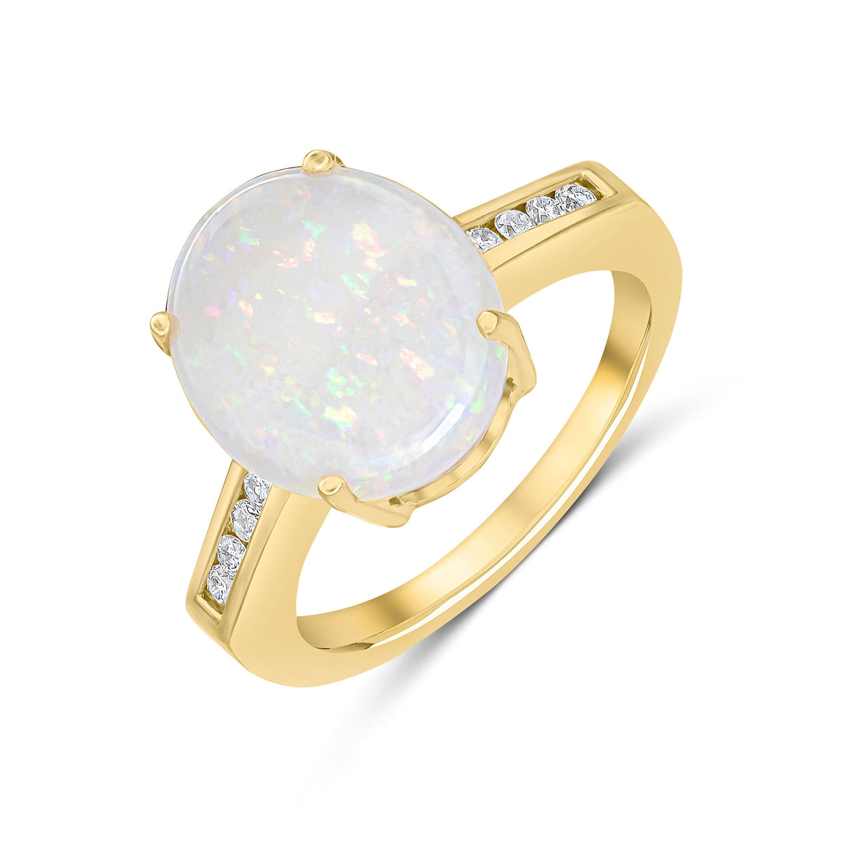 9CT YG 12X10MM CLAW SET OVAL OPAL SINGLE STONE RING WITH CHANNEL SET DIAMOND SHOULDERS