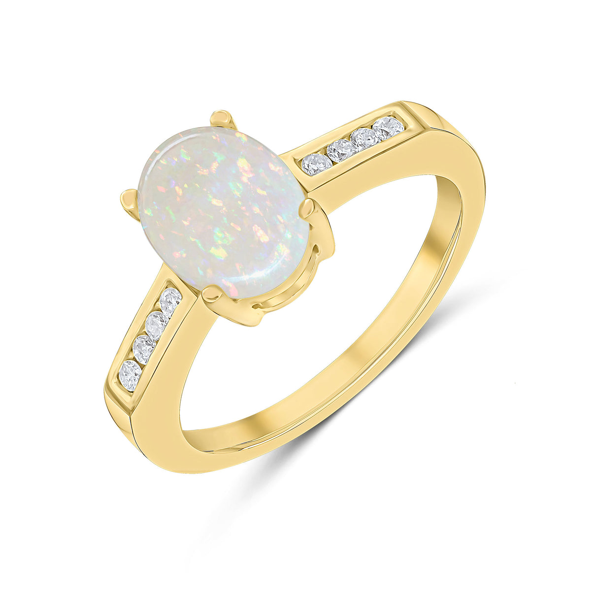 9CT WG 9X7MM CLAW SET OVAL OPAL SINGLE STONE RING WITH CHANNEL SET DIAMOND SHOULDERS