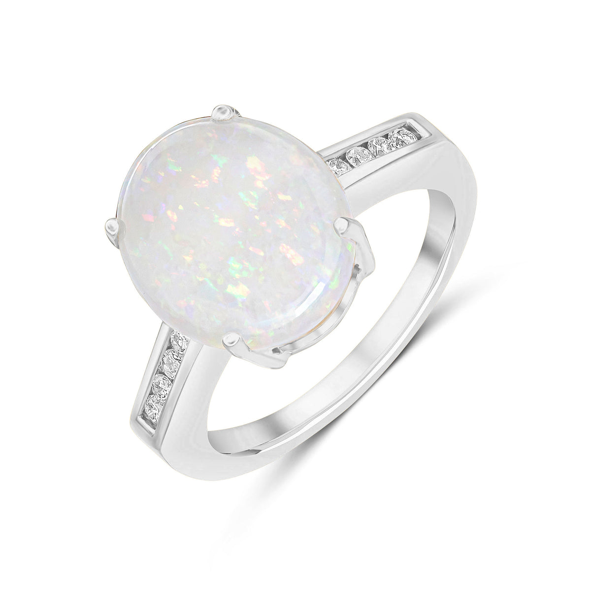 9CT WG 12X10MM CLAW SET OVAL OPAL SINGLE STONE RING WITH CHANNEL SET DIAMOND SHOULDERS