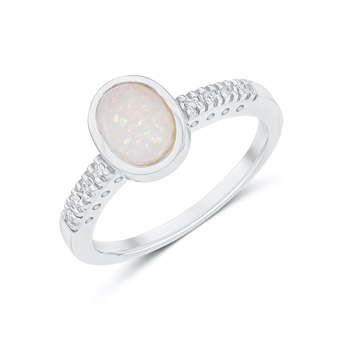 9CT WG RUBOVER 9X7 OVAL OPAL SINGLE STONE RING WITH CLAW SET DIAMOND SHOULDERS