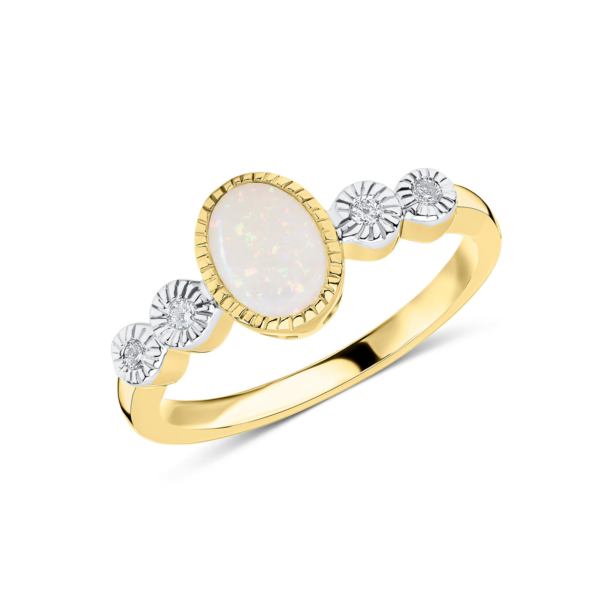9CT YG 7X5 OVAL OPAL & DIAMOND 2ST SHOULDERS MILLEGRAIN SET RING. RHODIUM TO DIAMONDS