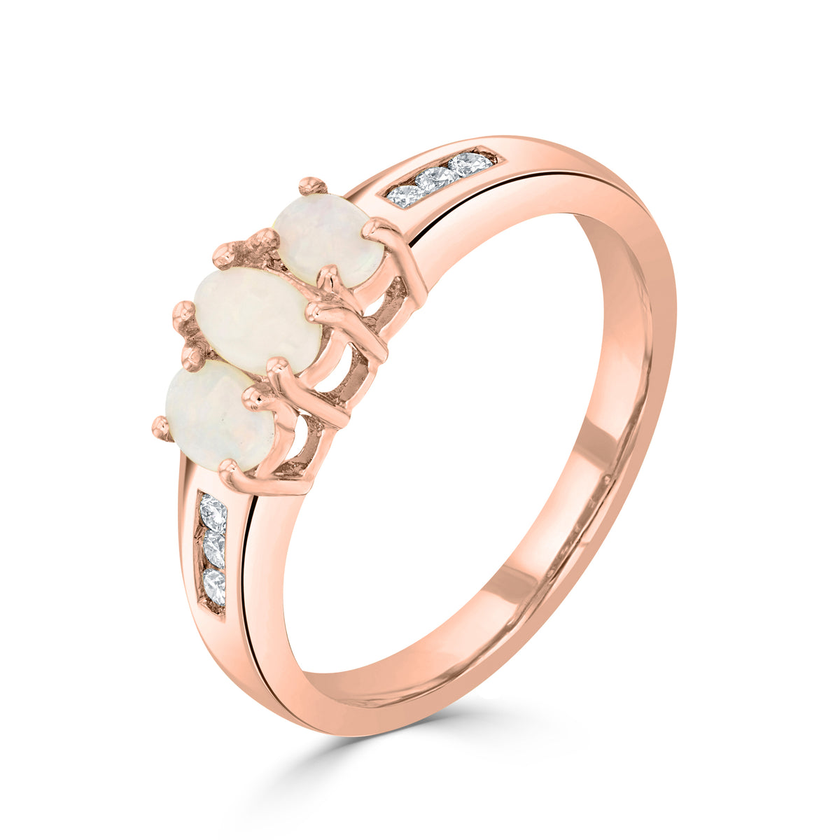 9CT RG OVAL OPAL CLAW 3 STONE & CHANNEL SET DIAMOND RING
