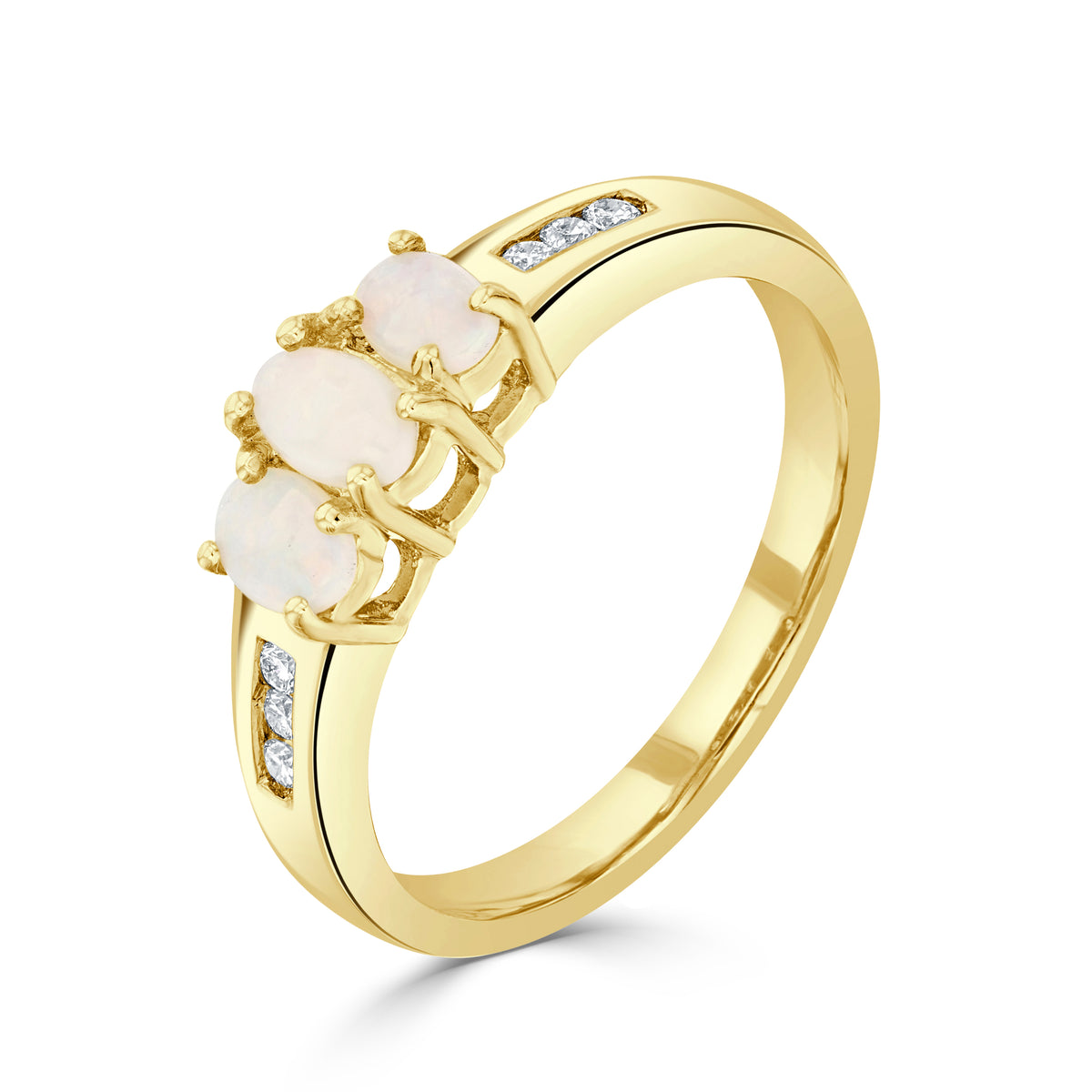 9CT YG OVAL OPAL 3ST RING WITH CHANNEL SET DIAMOND SHOULDERS