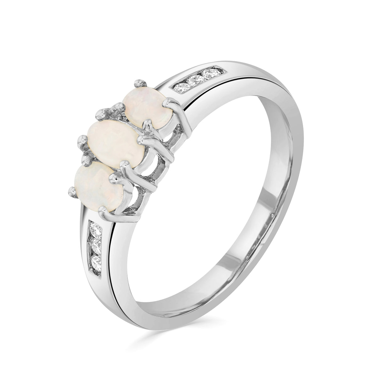 9CT WG OVAL OPAL 3ST RING WITH CHANNEL SET DIAMOND SHOULDERS