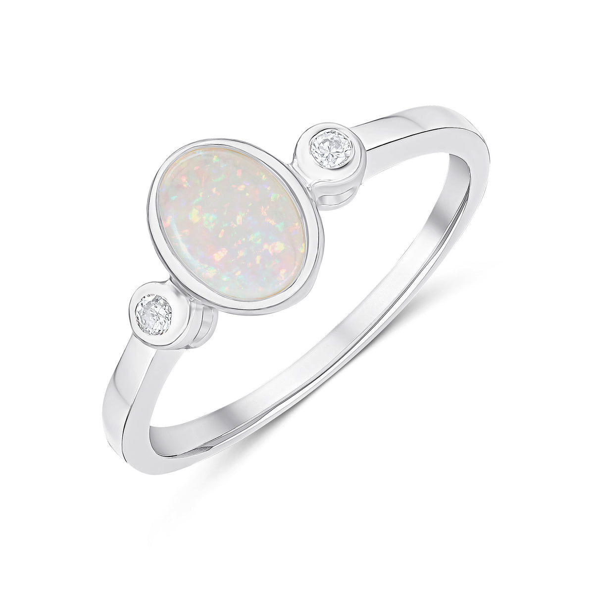 9CT WG 7X5 OVAL OPAL & DIAMOND RUBOVER 3 STONE RING