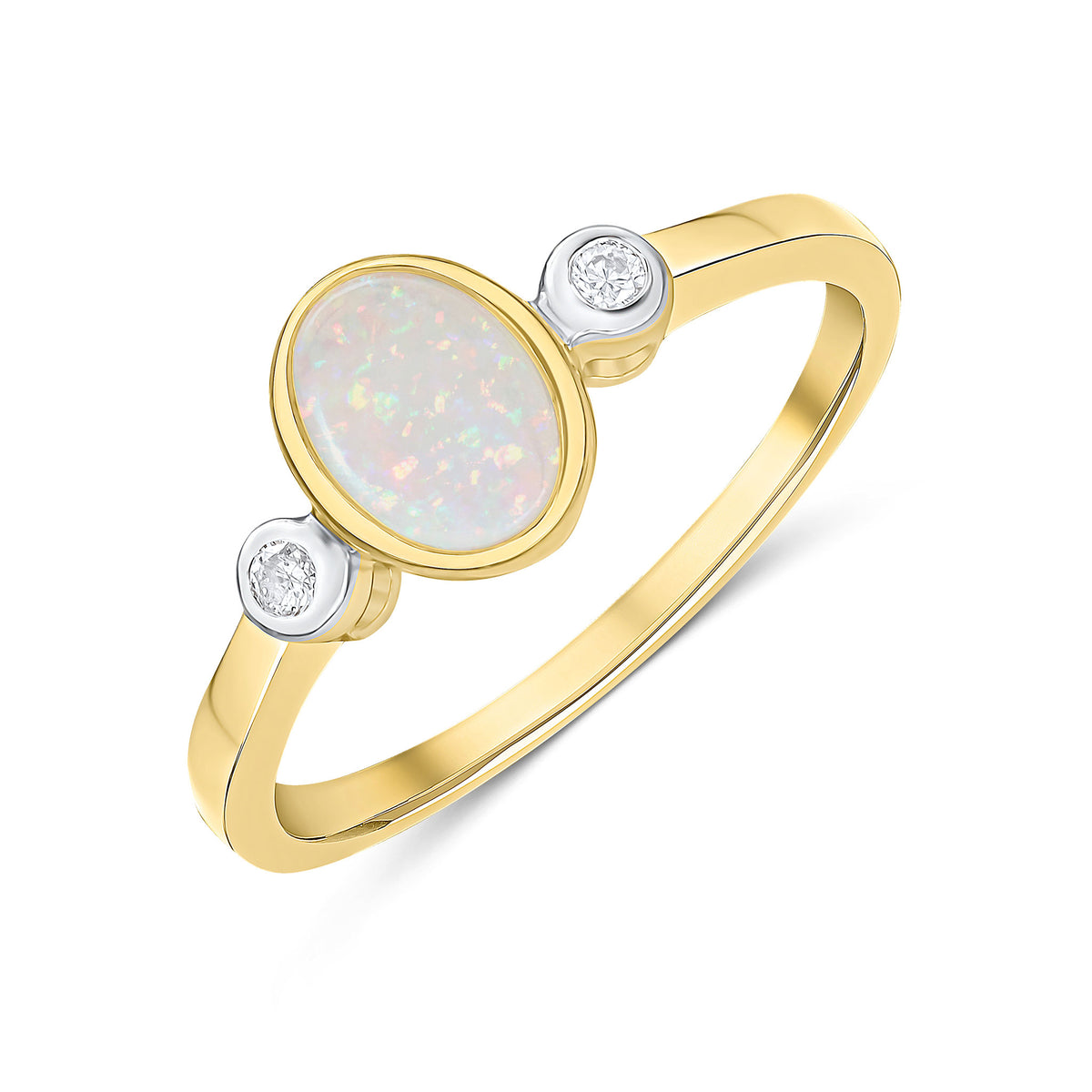 9CT YG 7X5 OVAL OPAL AND ROUND DIAMOND 3ST RUBOVER RING. RHODIUM TO DIAMONDS