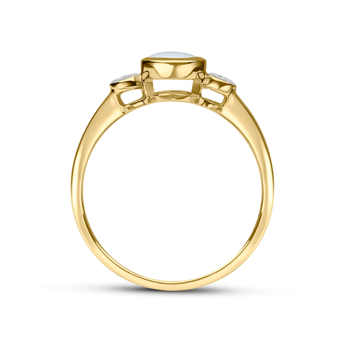 9CT YG 5MM ROUND OPAL AND DIAMOND RUBOVER 3ST RING. RHODIUM TO DIAMONDS