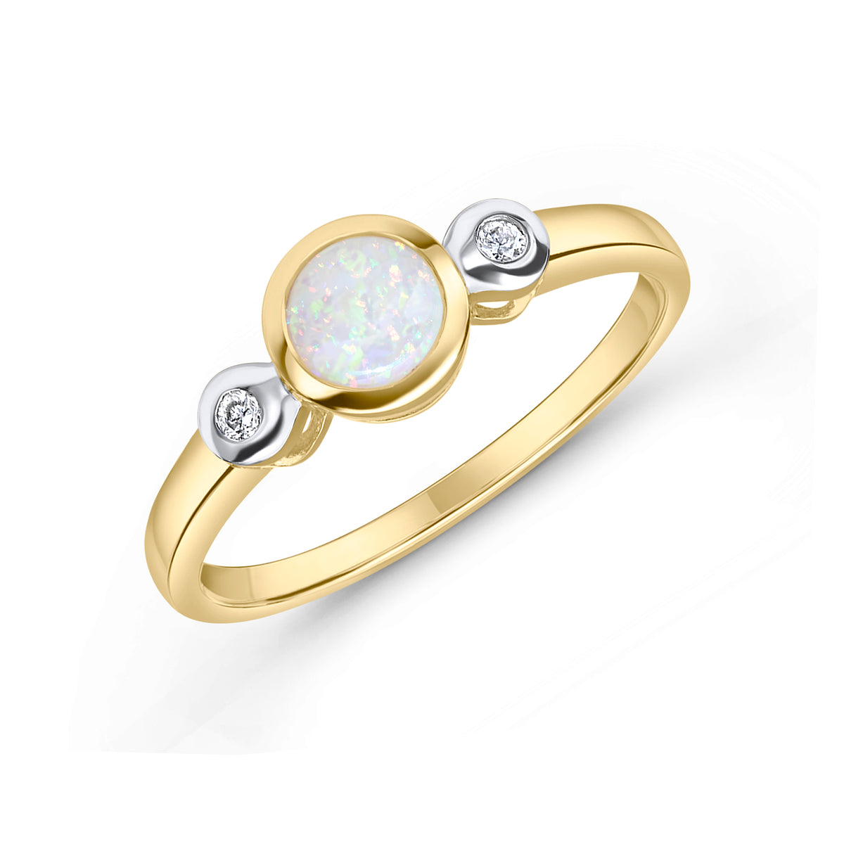 9CT YG 5MM ROUND OPAL AND DIAMOND RUBOVER 3ST RING. RHODIUM TO DIAMONDS