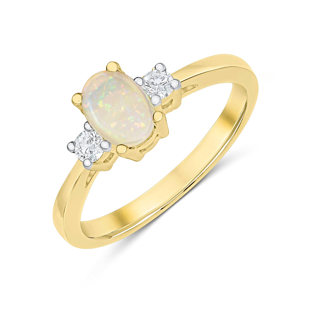 9CT YG 6X4 OVAL OPAL AND ROUND DIAMOND CLAW SET 3ST RING. RHODIUM TO DIAMONDS
