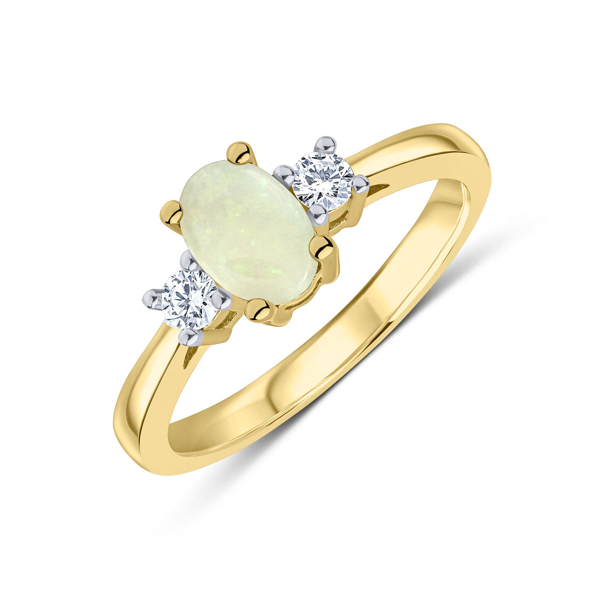 9CT YG 7X5 OVAL OPAL AND ROUND DIAMOND CLAW SET 3ST RING. RHODIUM TO DIAMONDS