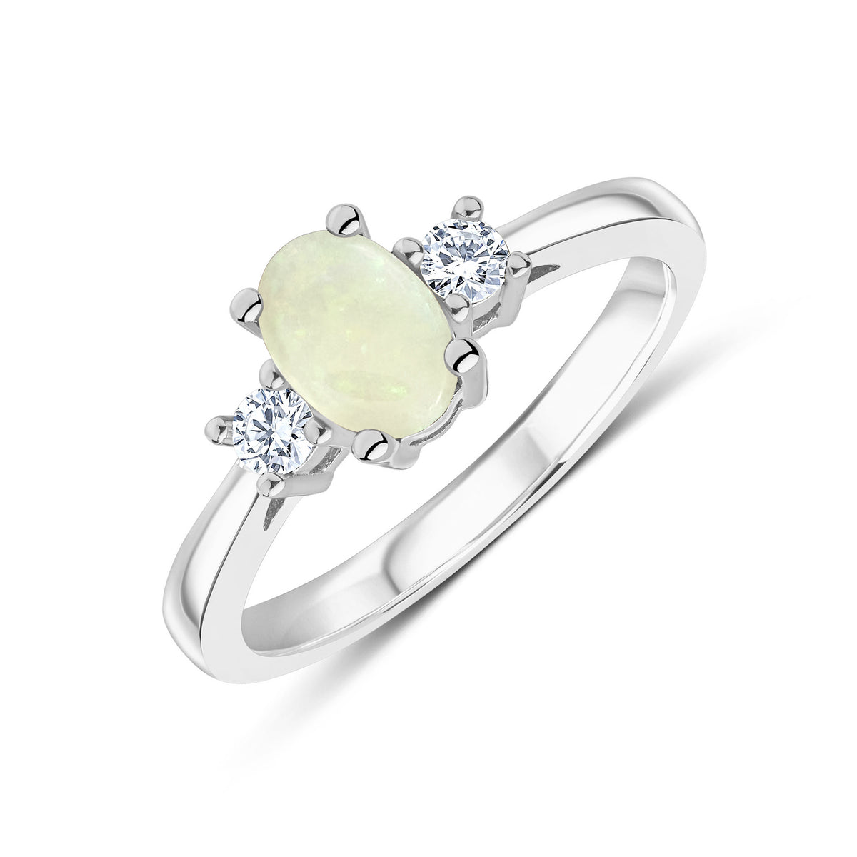 9CT WG 7X5 OVAL OPAL AND ROUND DIAMOND CLAW SET 3ST RING