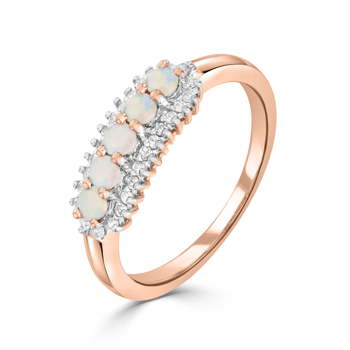 9CT RG ROUND OPAL AND ROUND DIAMOND 3 ROW CLAW SET BAND RING. RHODIUM TO DIAMONDS