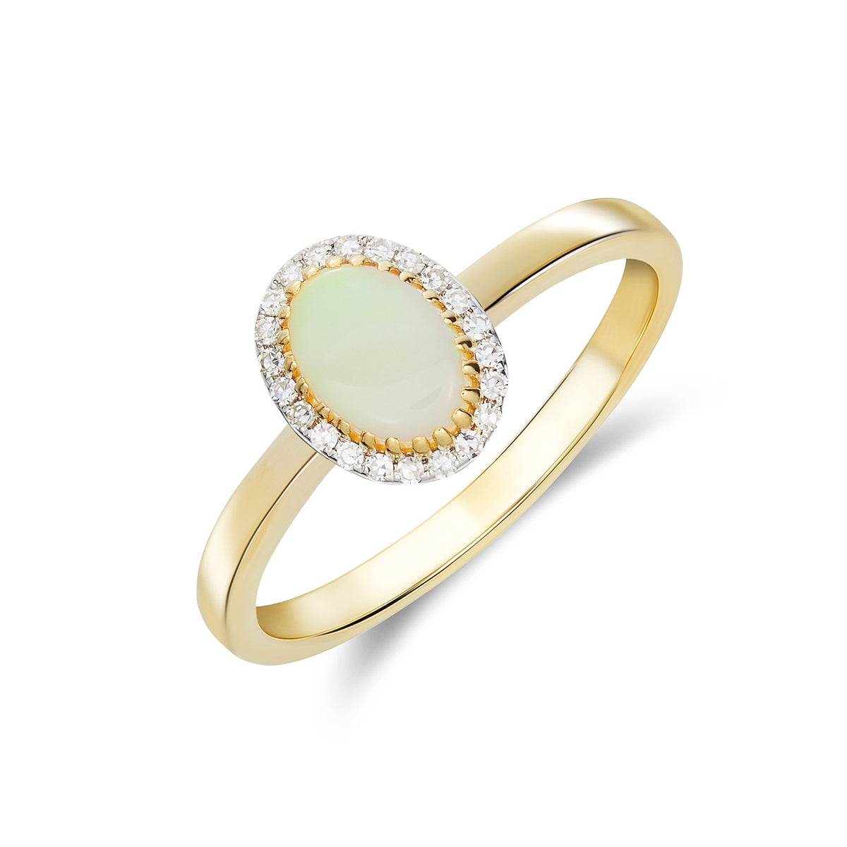 9CT YELLOW GOLD 7X5 OVAL OPAL AND ROUND DIAMOND CLAW SET CLUSTER RING. RHODIUM TO DIAMONDS