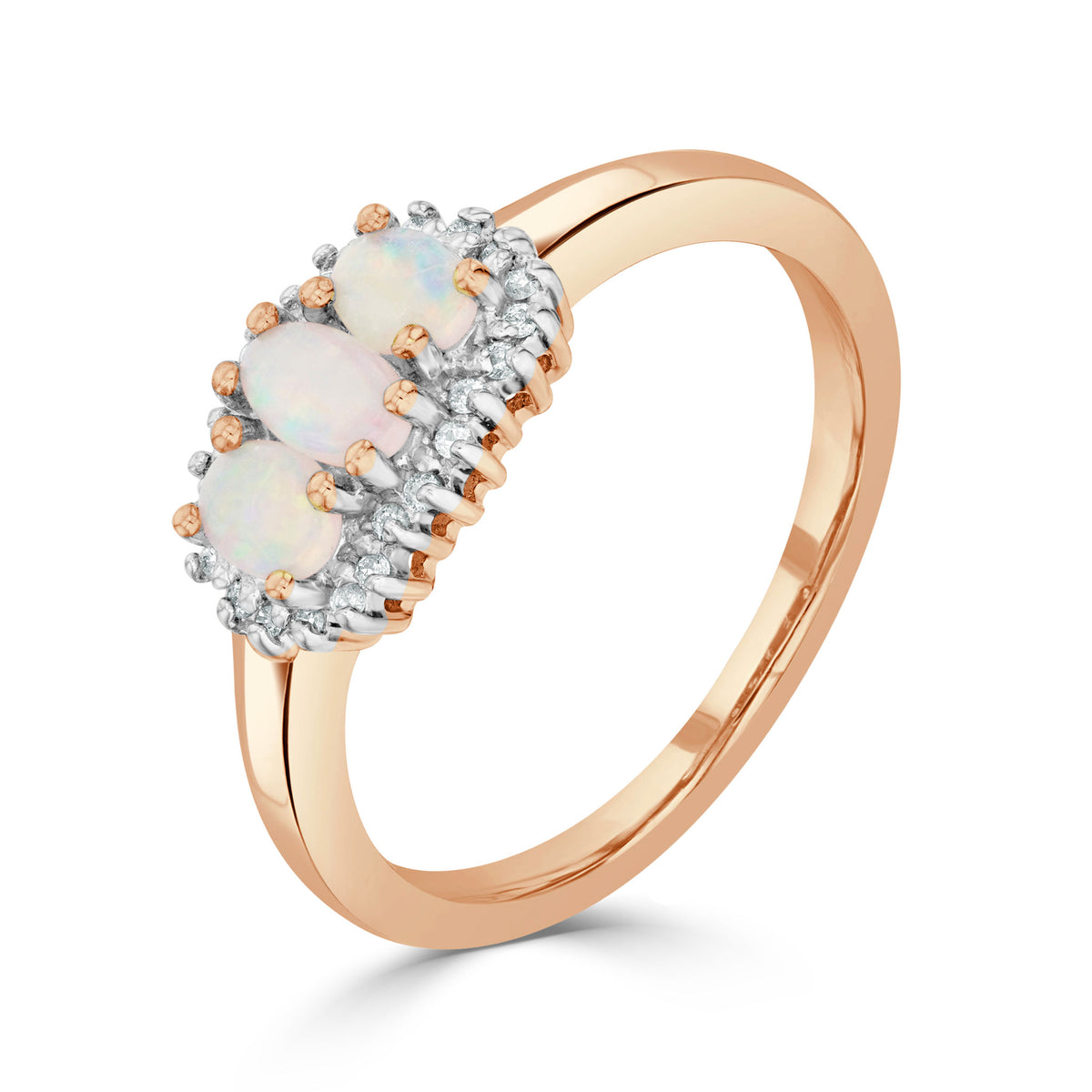 9CT RG OVAL OPAL AND DIAMOND TRIPLE CLUSTER RING. RHODIUM TO DIAMONDS