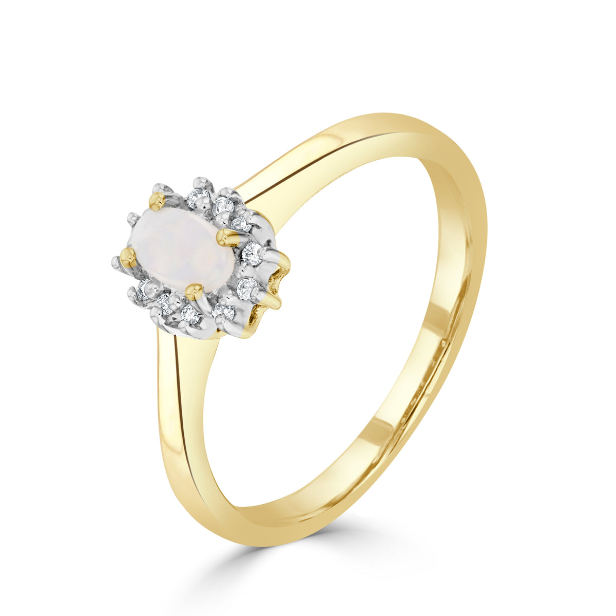 9CT YG 5X3 OVAL OPAL & DIAMOND CLAW SET CLUSTER RING. RHODIUM TO DIAMONDS